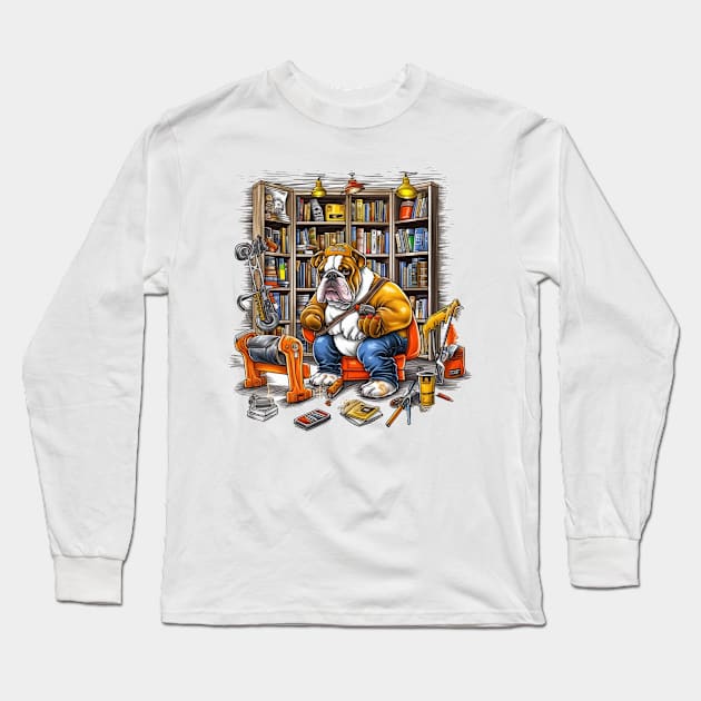 A Carpenter English Bulldog with a measuring tape and drill, installing shelves in a cozy home library Long Sleeve T-Shirt by teestore_24